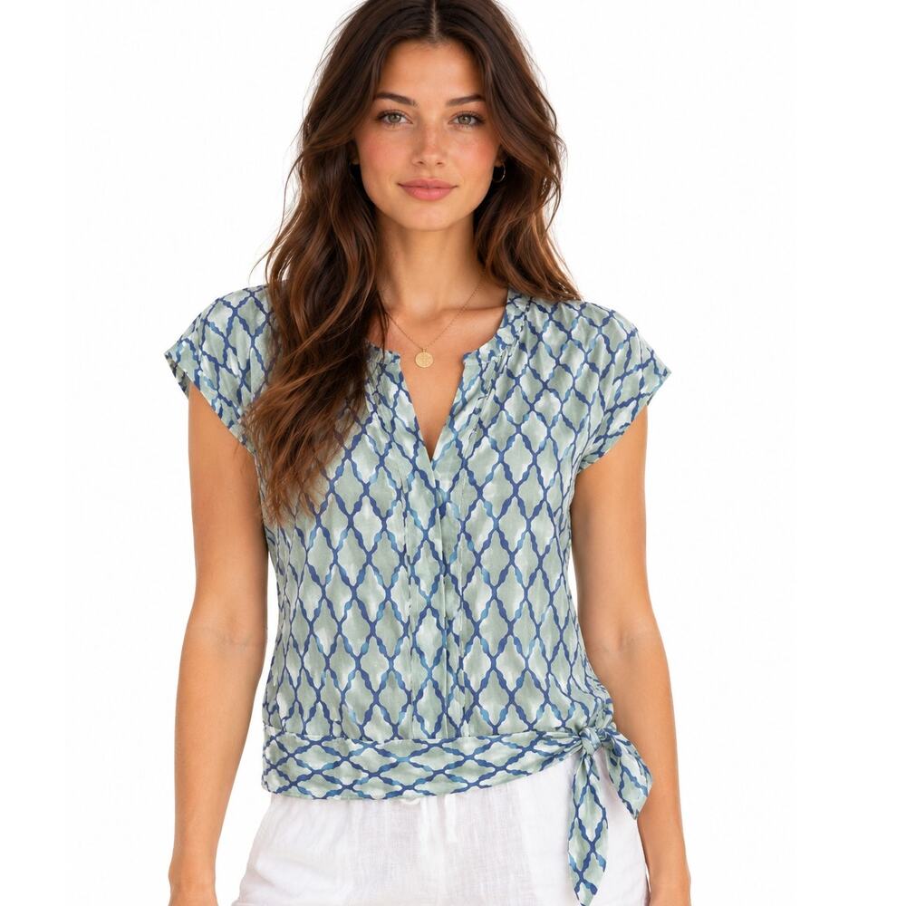 Vineyard Vines Side Tie Top Womens Size 8 Aqua Blue Lattice Print Silk Blend M